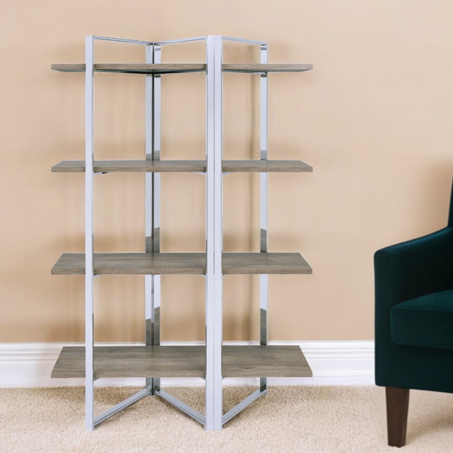 72" Brown and Silver Metal Four Tier Etagere Bookcase