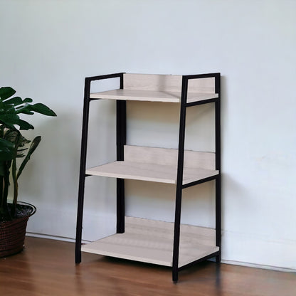 37" Natural and Black Metal Three Tier Ladder Bookcase