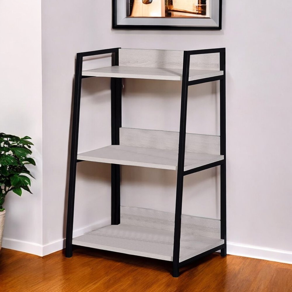 37" Natural and Black Metal Three Tier Ladder Bookcase