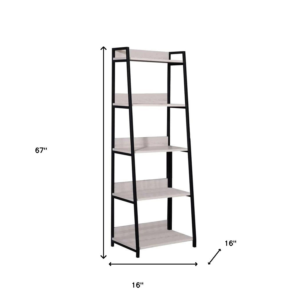 67" Natural and Black Metal Five Tier Ladder Bookcase