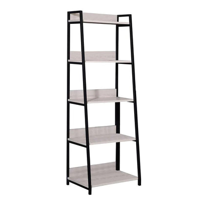 67" Natural and Black Metal Five Tier Ladder Bookcase