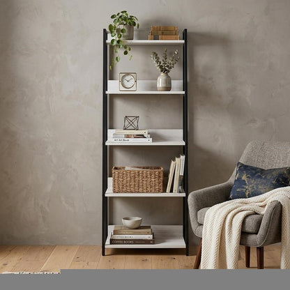 67" Natural and Black Metal Five Tier Ladder Bookcase