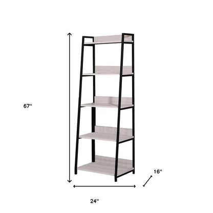 67" Natural and Black Metal Five Tier Ladder Bookcase