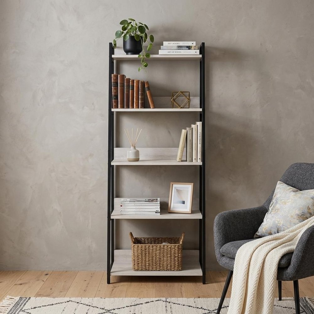 67" Natural and Black Metal Five Tier Ladder Bookcase