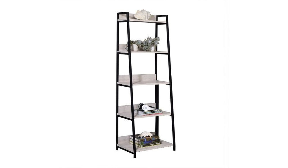 67" Natural and Black Metal Five Tier Ladder Bookcase
