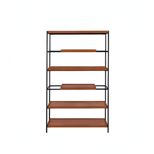 70" Oak And Black Metal and Wood Six Tier Etagere Bookcase