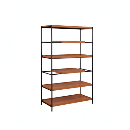 70" Oak And Black Metal and Wood Six Tier Etagere Bookcase