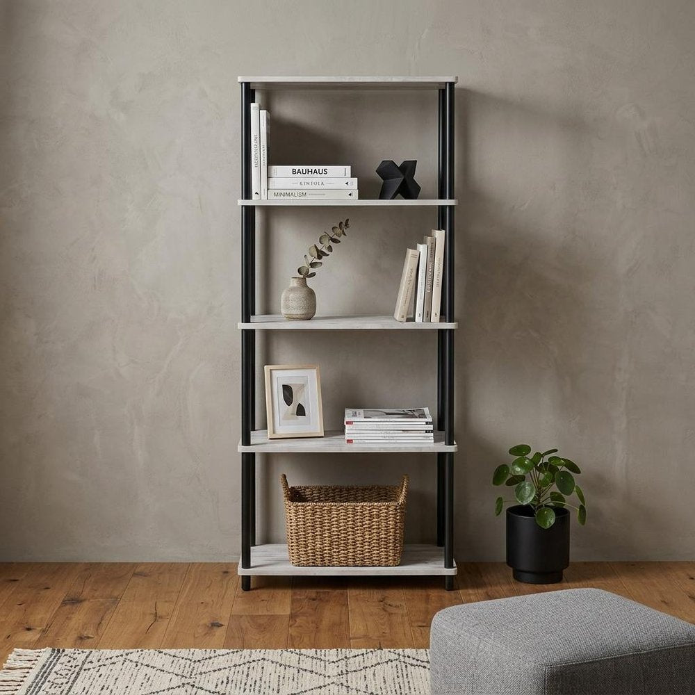 44" Antiqued White And Black Distressed Metal and Wood Four Tier Etagere Bookcase