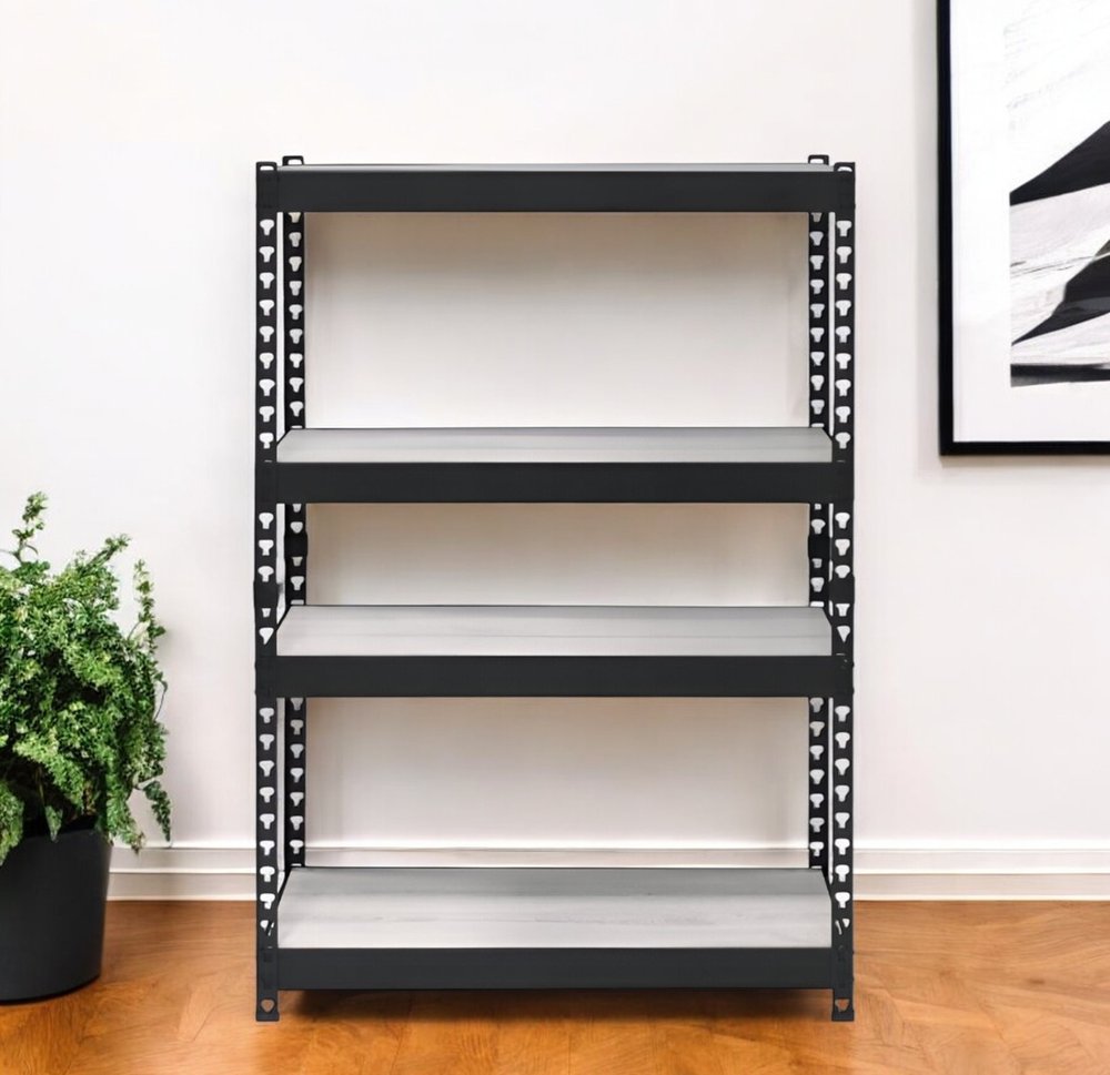 48" Black And Natural Metal and Wood Adjustable Four Tier Bookcase