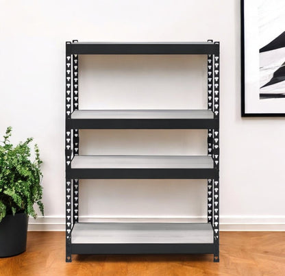 48" Black And Natural Metal and Wood Adjustable Four Tier Bookcase