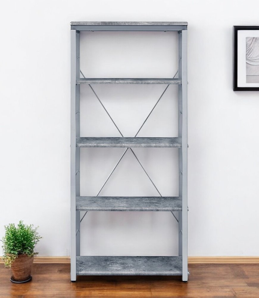 54" Gray And Silver Metal and Wood Four Tier Etagere Bookcase