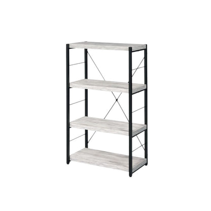 43" Antiqued White And Black Metal and Wood Four Tier Etagere Bookcase