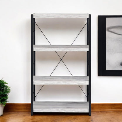 43" Antiqued White And Black Metal and Wood Four Tier Etagere Bookcase