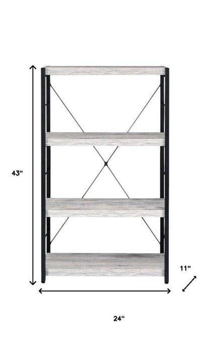 43" Antiqued White And Black Metal and Wood Four Tier Etagere Bookcase