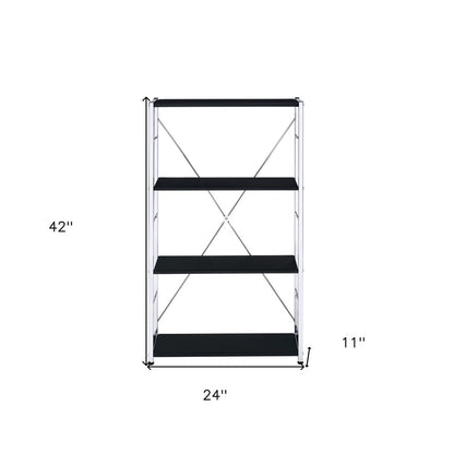 42" Black And Silver Metal and Wood Four Tier Etagere Bookcase