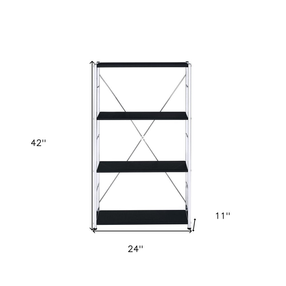 42" Black And Silver Metal and Wood Four Tier Etagere Bookcase