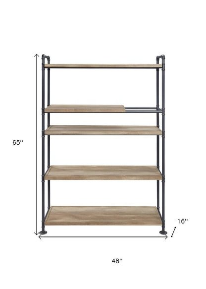 65" Natural And Black Metal and Wood Five Tier Etagere Bookcase