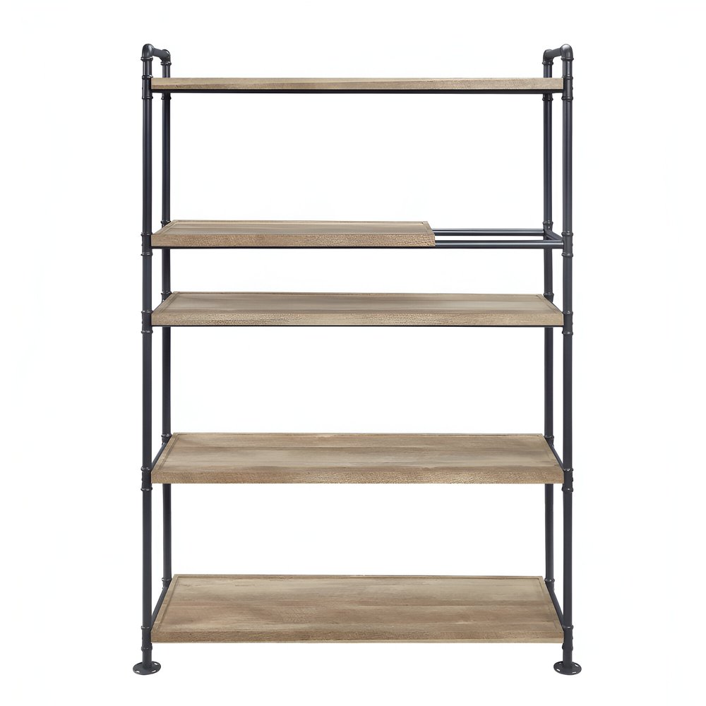 65" Natural And Black Metal and Wood Five Tier Etagere Bookcase