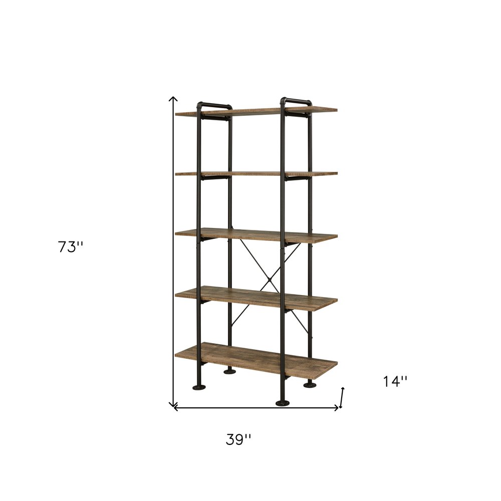 73" Brown And Black Metal Five Tier Etagere Bookcase