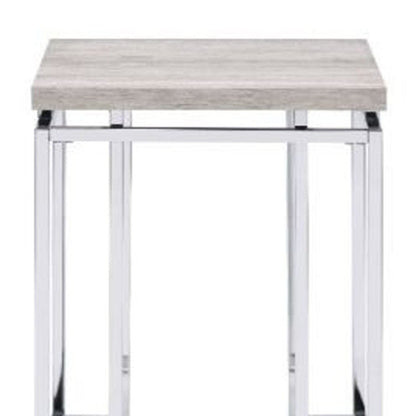 24" Chrome And Natural Oak Manufactured Wood And Metal Square End Table