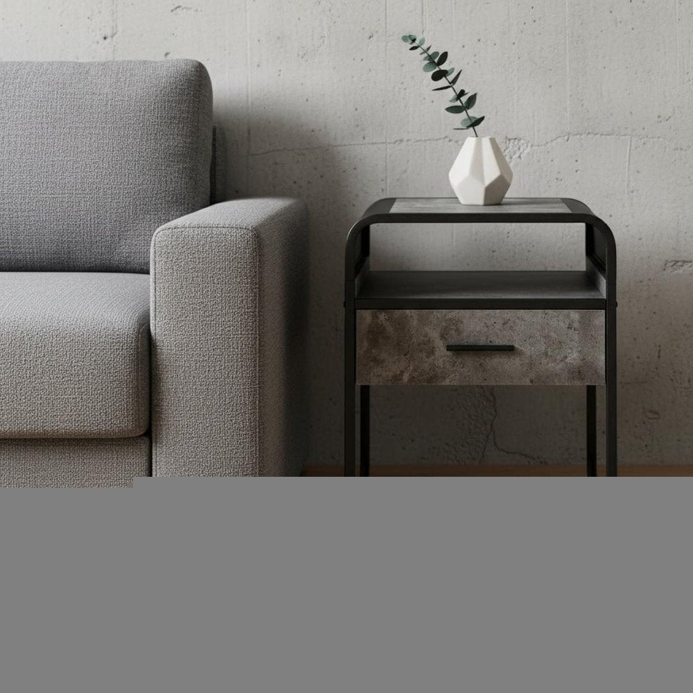 22" Black And Gray Wood And Metal Square End Table With Drawer And Shelf