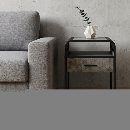 22" Black And Gray Wood And Metal Square End Table With Drawer And Shelf