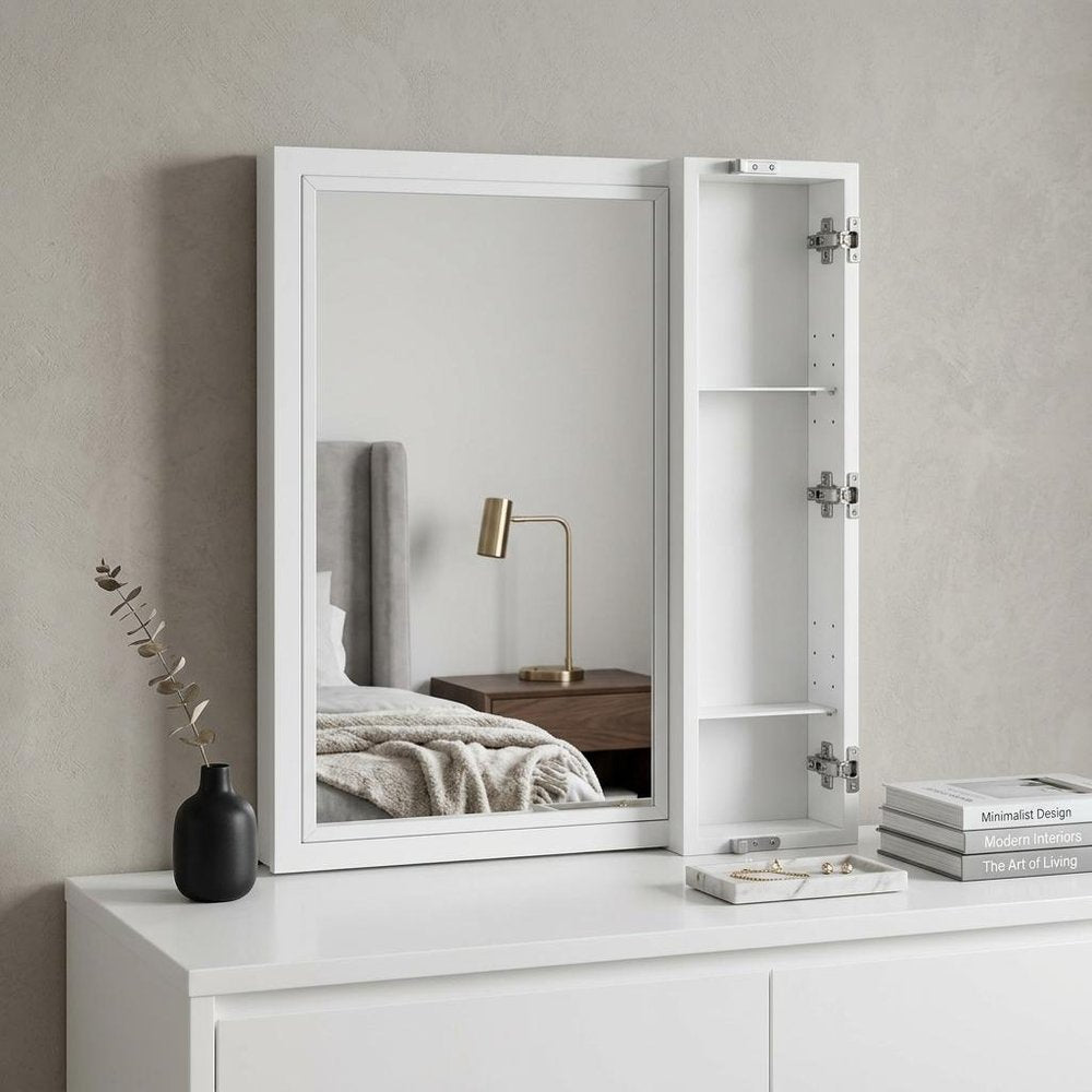 32" White Metal Framed Mounted Dresser Mirror