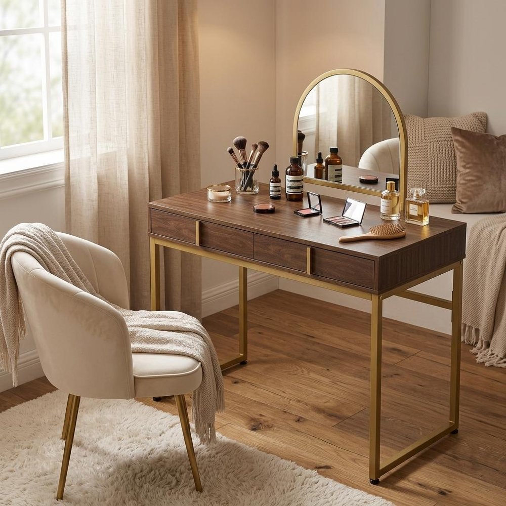 42" Gold Mirrored Vanity Table with Mirror With Two Drawers