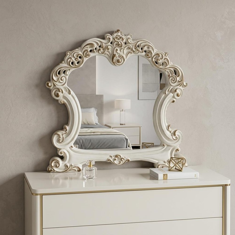 45" White Abstract Wood Framed Mounted Dresser Mirror