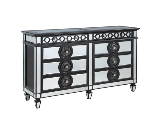 68" Black and Silver Solid and Manufactured Wood Mirrored Eight Drawer Double Dresser