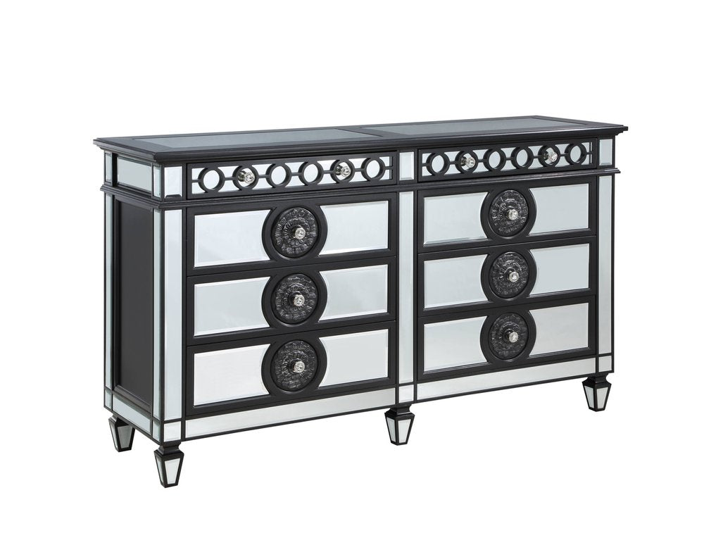 68" Black And Silver Wood Mirrored Eight Drawer Double Dresser
