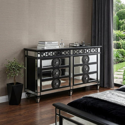 68" Black And Silver Wood Mirrored Eight Drawer Double Dresser