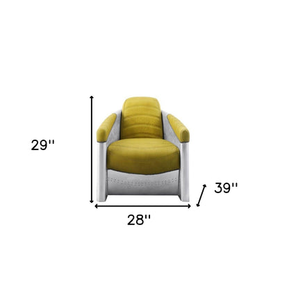 28" Yellow Top Grain Leather And Steel Barrel Chair