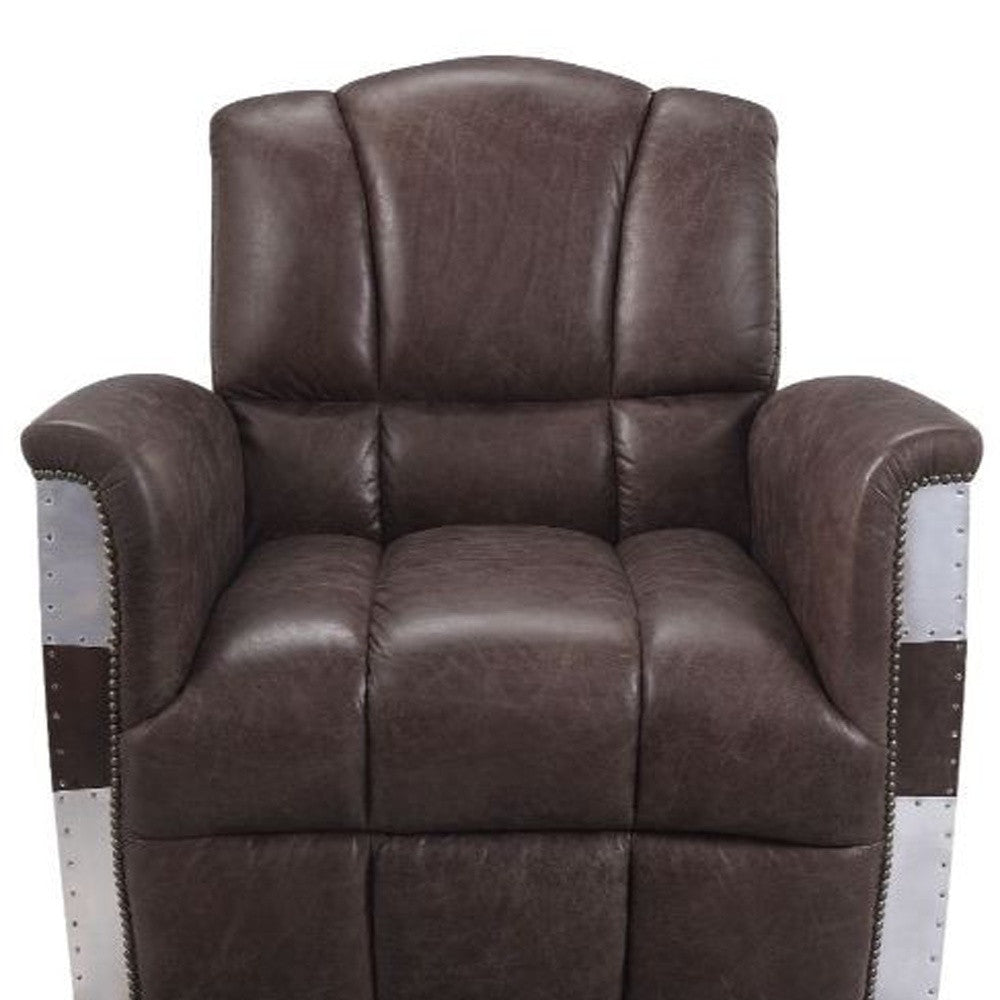 35" Retro Brown Top Grain Leather And Steel Patchwork Club Chair