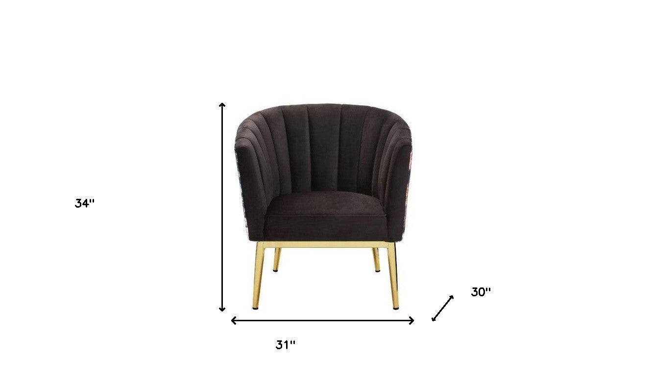 31" Black Velvet And Gold Striped Barrel Chair