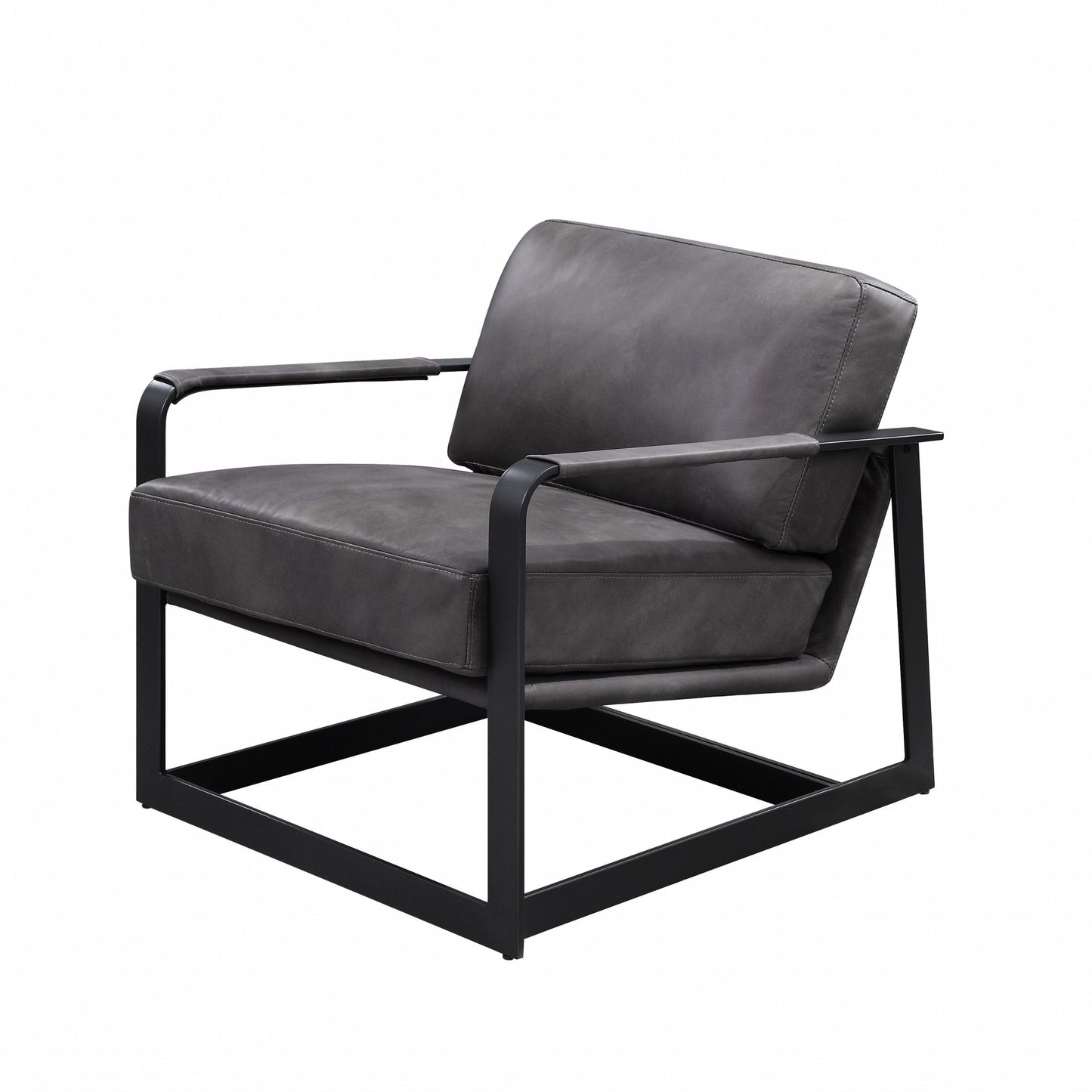 28" Gray Black Top Grain Leather And Steel Solid Color Arm Chair