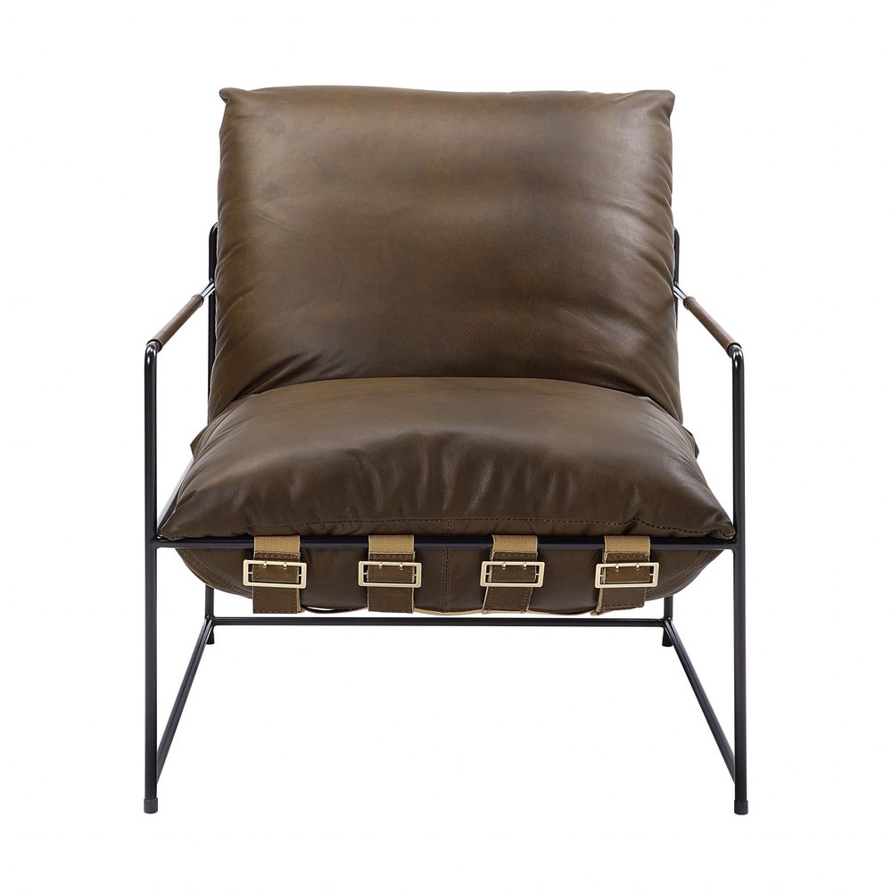 27" Brown and Steel Blue Top Grain Leather Lounge Chair