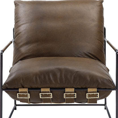 27" Brown and Steel Blue Top Grain Leather Lounge Chair