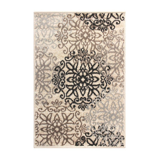 8' X 10' Beige Black And Brown Floral Medallion Area Rug