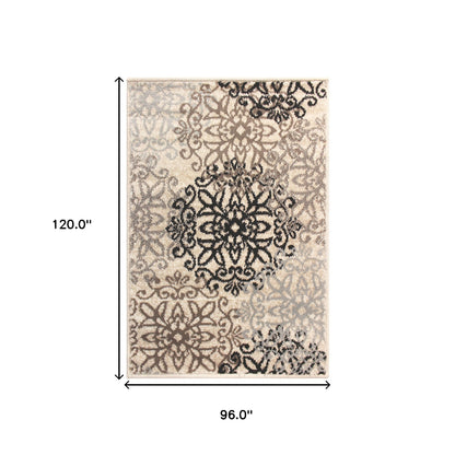 8' X 10' Tan Gray And Black Floral Medallion Stain Resistant Area Rug