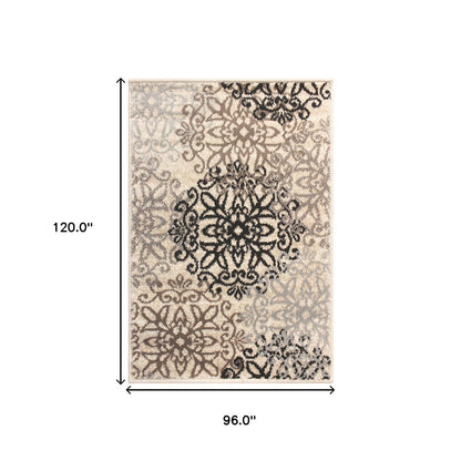 8' X 10' Beige Black And Brown Floral Medallion Area Rug