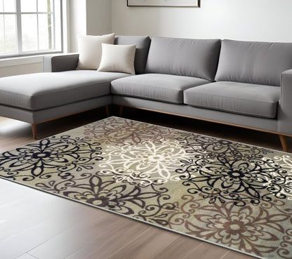 8' X 10' Brown Black And Gray Medallion Area Rug