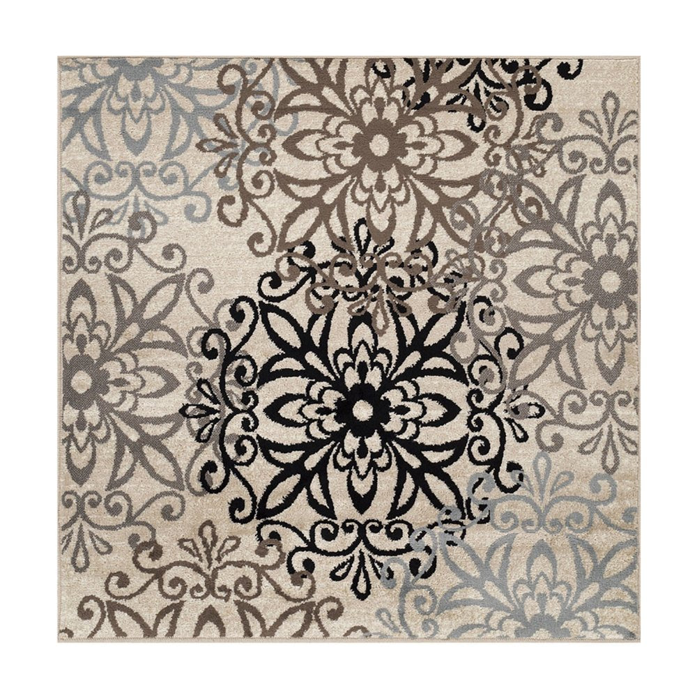 8' Brown Black And Gray Medallion Square Rug