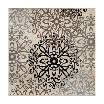 8' Brown Black And Gray Medallion Square Rug