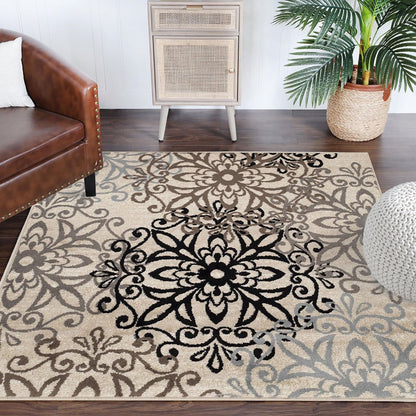 8' Brown Black And Gray Medallion Square Rug