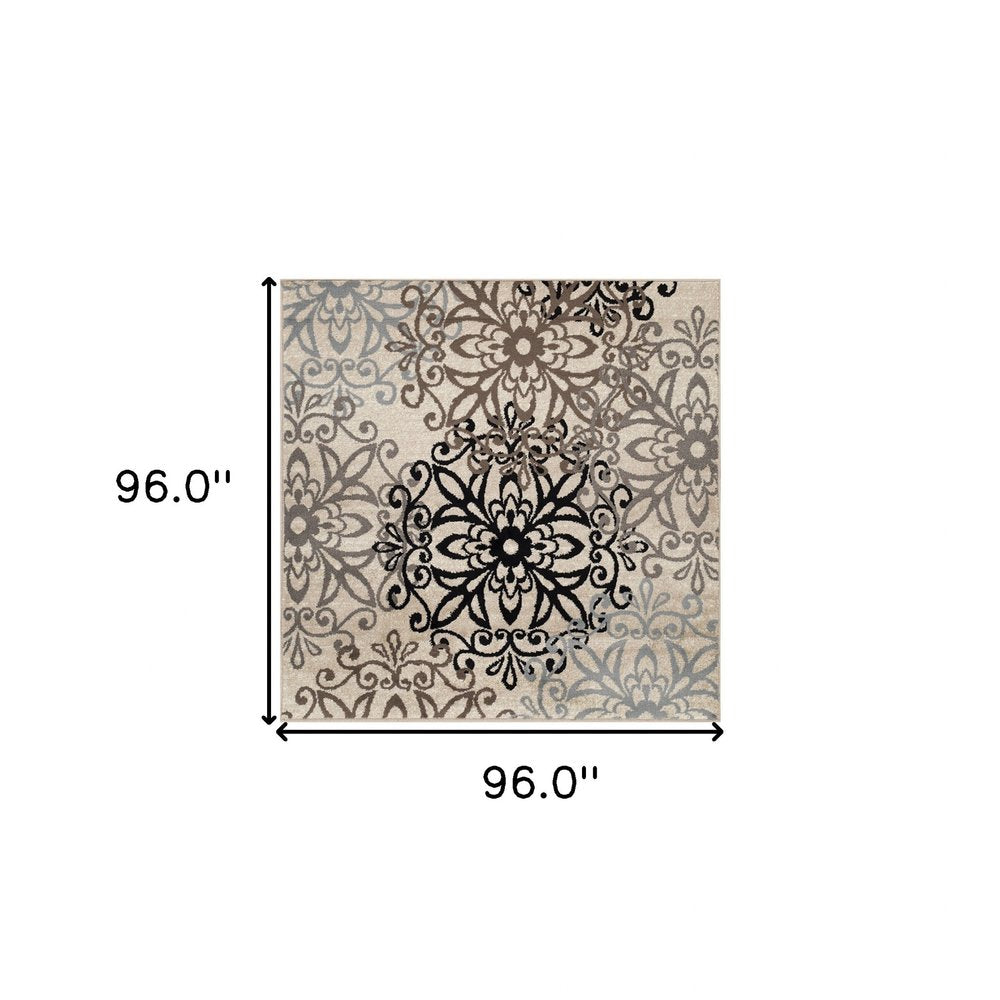 8' Brown Black And Gray Medallion Square Rug