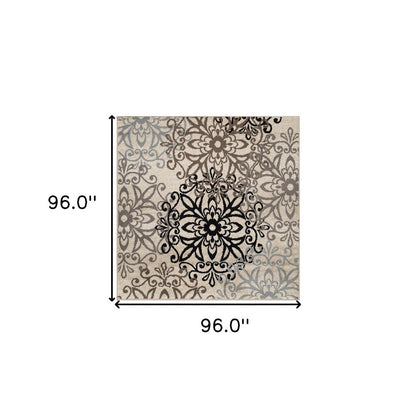 8' Brown Black And Gray Medallion Square Rug