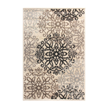 9' X 12' Beige Black And Brown Floral Medallion Area Rug