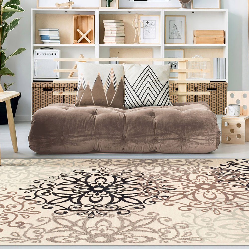 9' X 12' Beige Black And Brown Floral Medallion Area Rug
