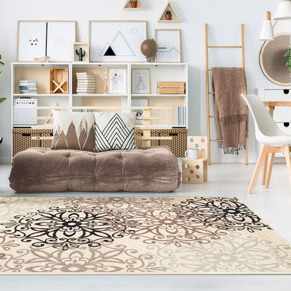 9' X 12' Beige Black And Brown Floral Medallion Area Rug